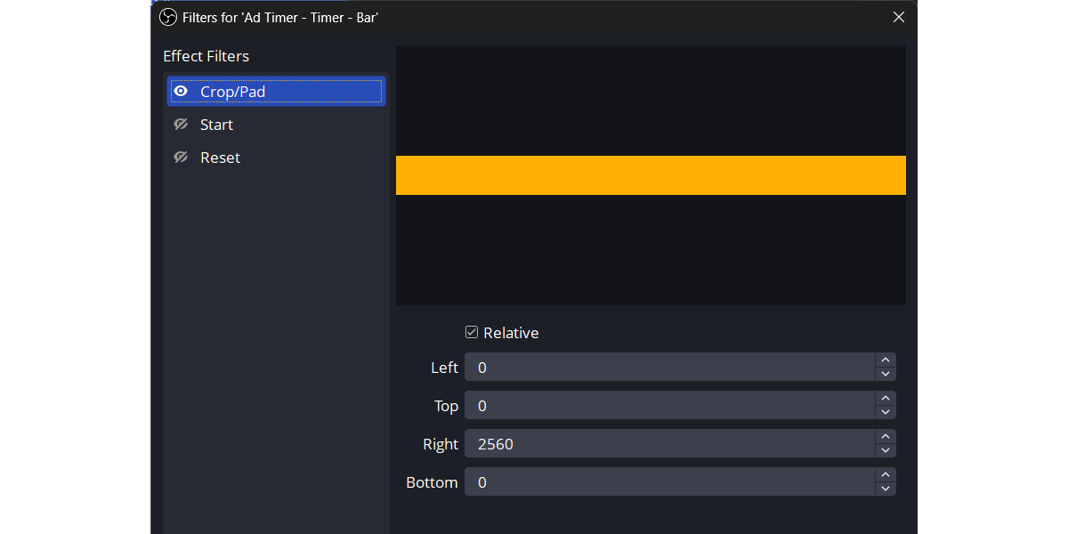 Settings for the Crop/Pad filter for the Ad Timer - Clock text source.